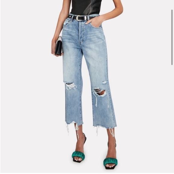 pistola Denim - Pistola Light Wash Raw Hem Distressed Cropped Straight Leg Jeans Size 31